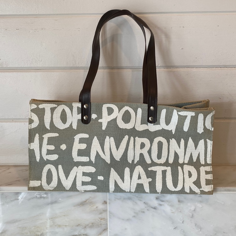 Stop Polution Love Nature Gray Burlap Tote Bag